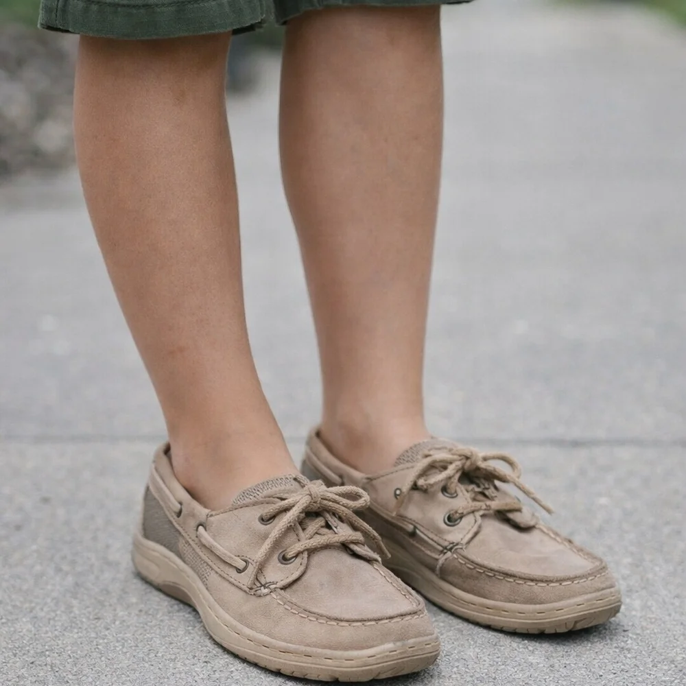 Sperry Top-Sider Boat Shoes Girls Size 5M Beige Nubuck Lace-Up Casual Deck Shoes